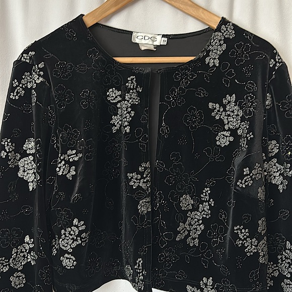 CDC Elegant Black Velvet Glittery Floral Long Sleeve Bolero Jacket Coat *Sz 12* - Picture 3 of 6
